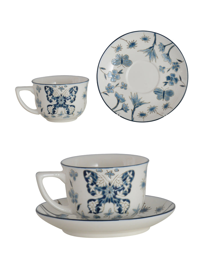 Butterfly Muse Set of 2 Cup & Saucer White & Blue