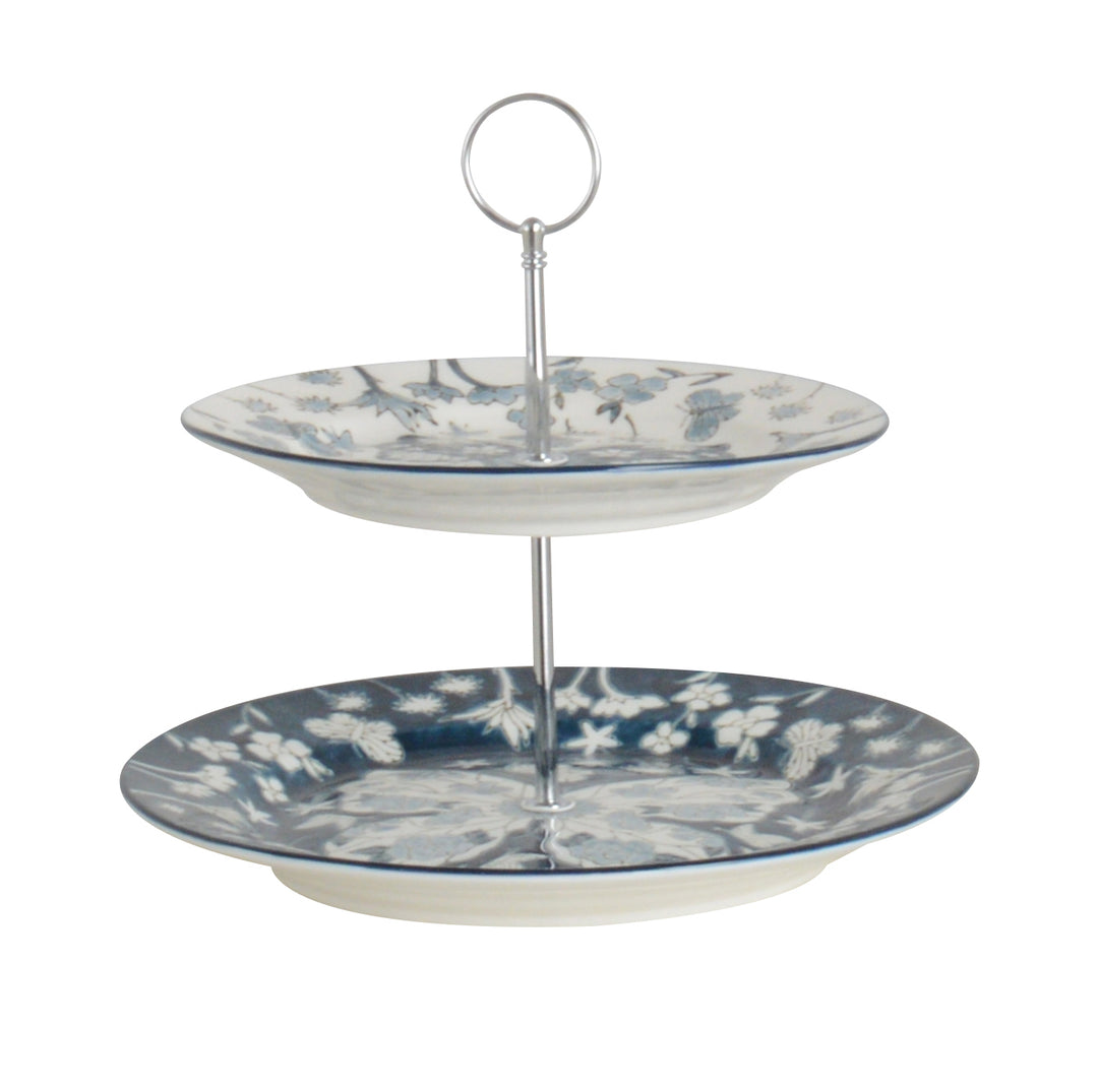 Butterfly Muse S/2 2 Tier Cake Stand 20cm & 28cm Plates White & Blue