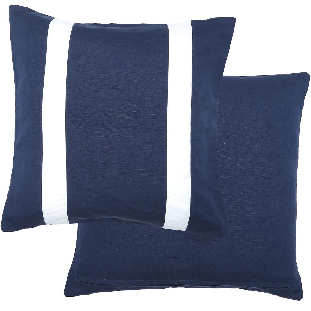 Double Line Navy Linen Cotton Cushion 50cm
