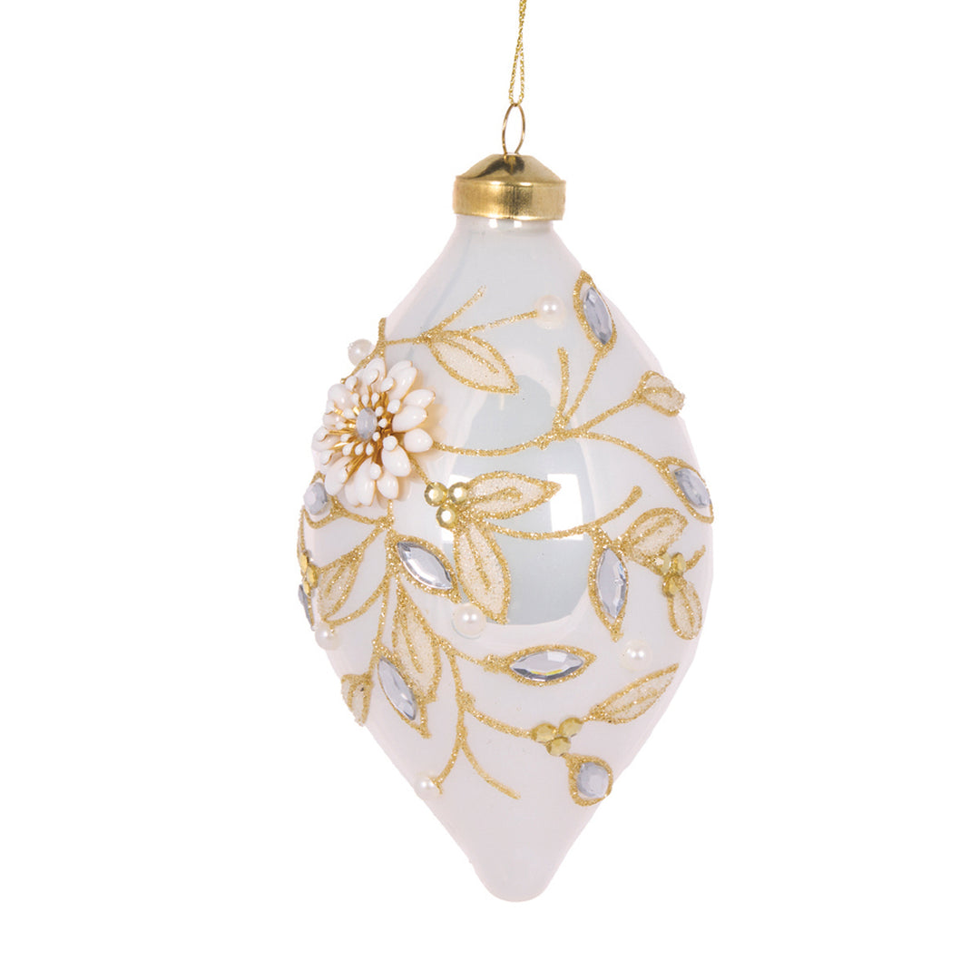 Ivory Embellished Foliage Drop Bauble 14x8cm