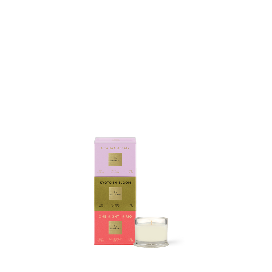 Glasshouse 3x30g Candle Trio - A Tahaa Affair, Kyoto in Bloom, One Night In Rio