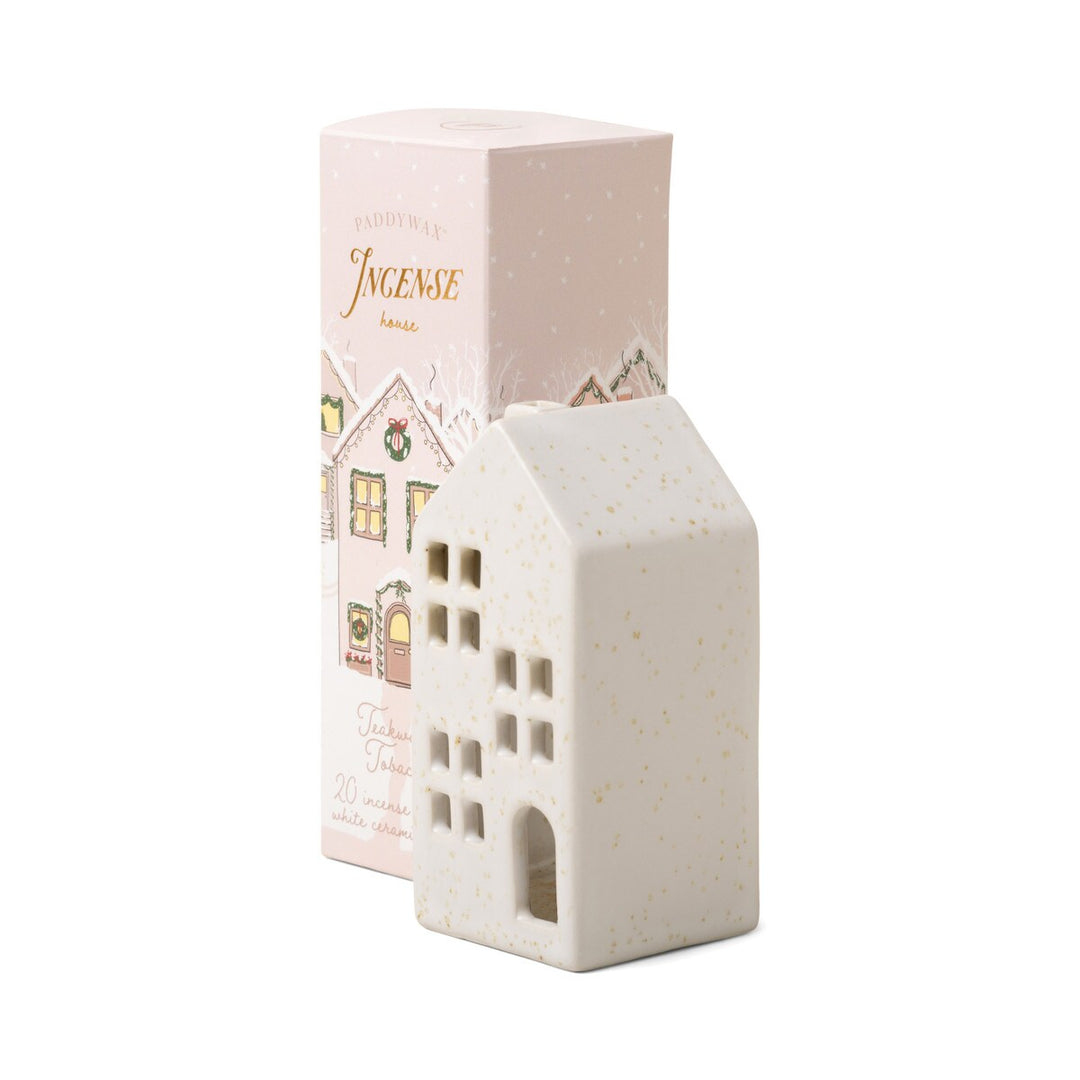 White Ceramic House W/ 20 Incense Cones - Teakwood Tobacco