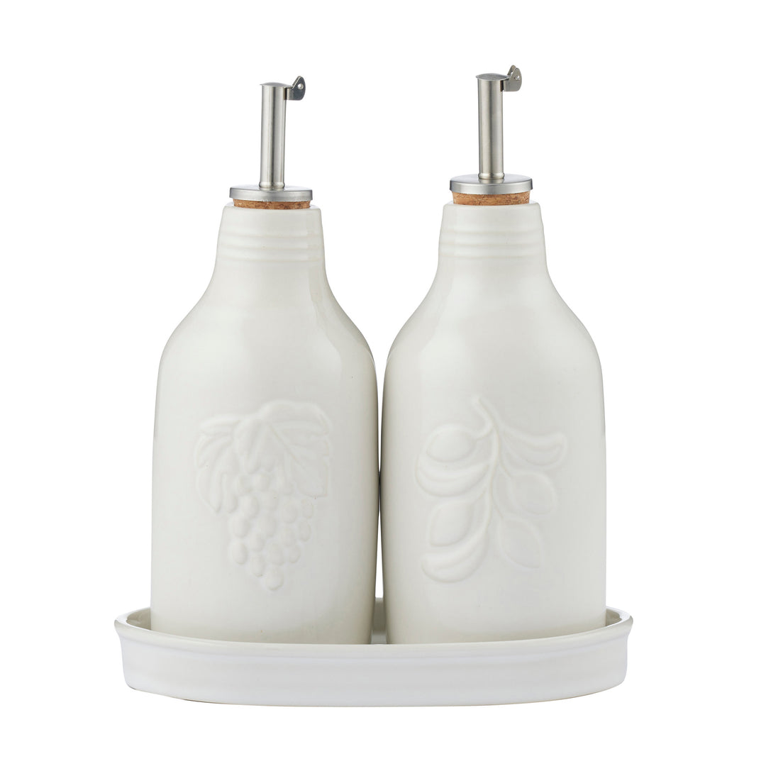 Olio/Aceto S/2 Bottles w Tray 21.5cm Wht
