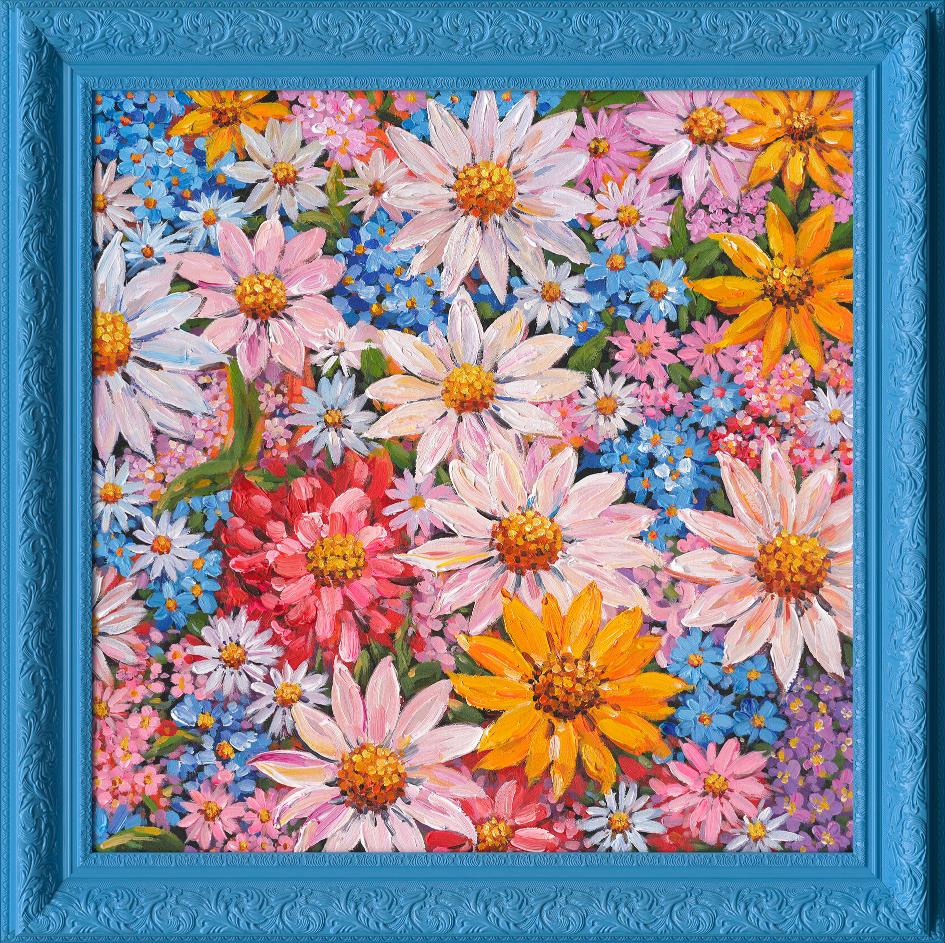 Bright Daisy 3D Blue Frame 98x98cm