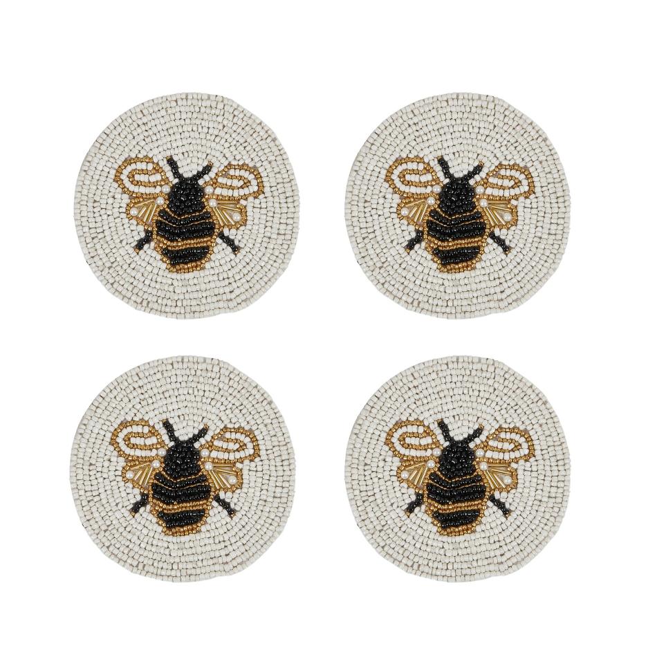 Bee S/4 Beaded Coaster 10cm Wht/Gold/Blk