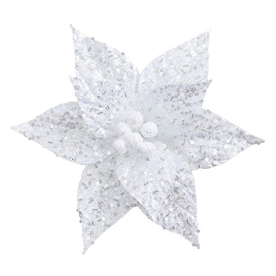 Clip On Poinsettia White Pearl Leaves 25x10cm