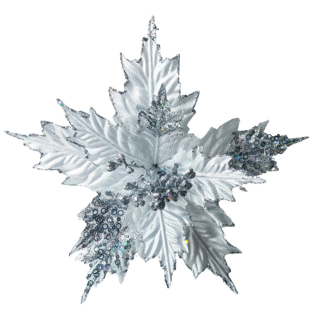 Clip On Poinsettia Silver Glitter Leaves 32cm