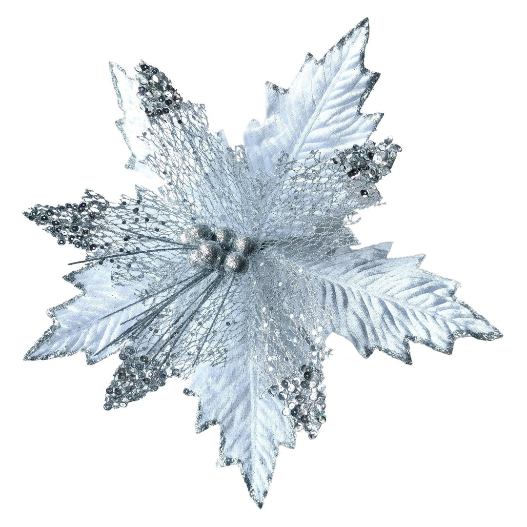Clip On Poinsettia White Silver Ends 33x6.5cm