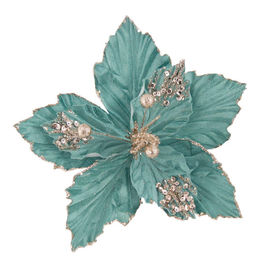 Clip On Pnsettia Teal Gold Embssed Leaves 31x6.5cm