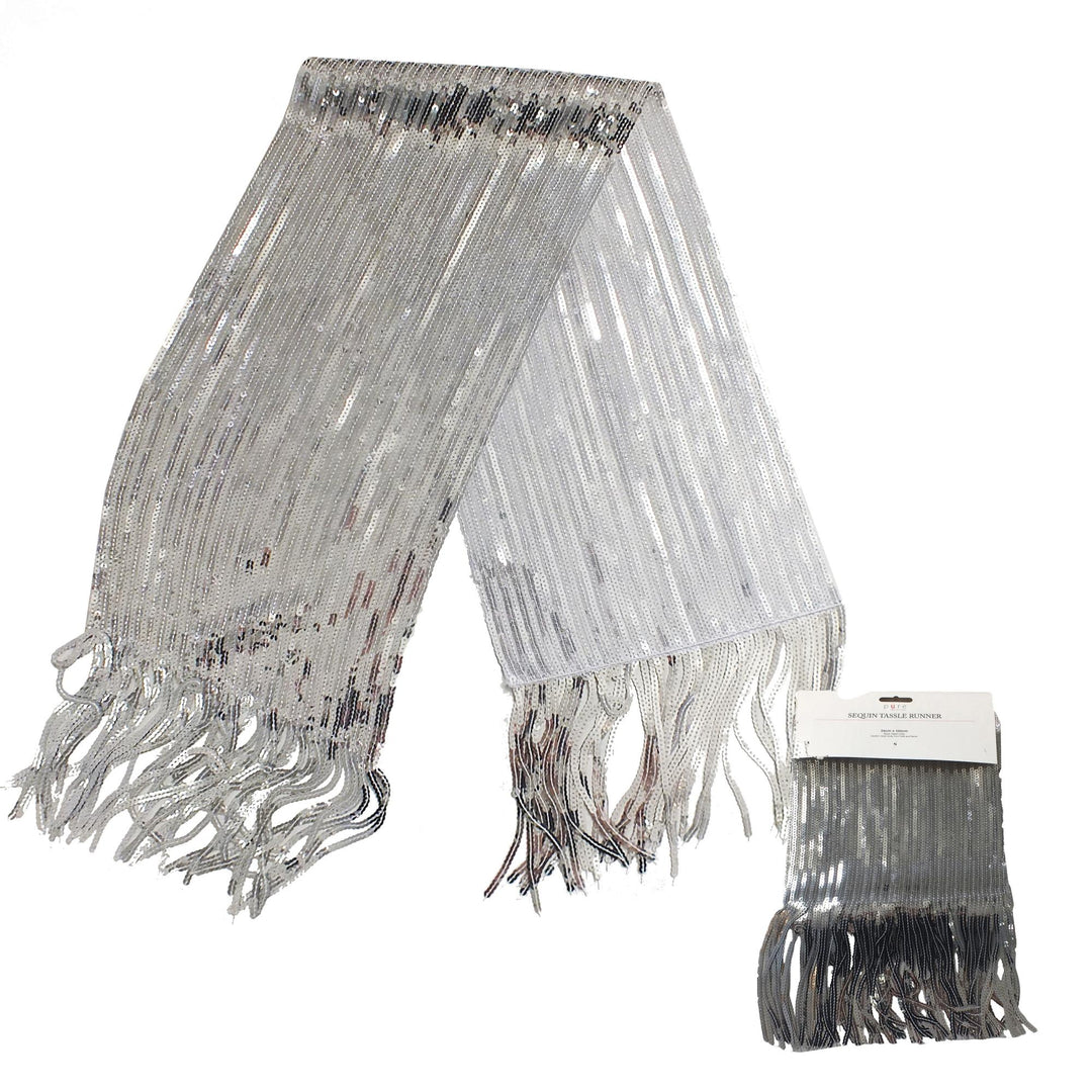 Sparkle Sequin Tassle Runner 24x130cm Silver