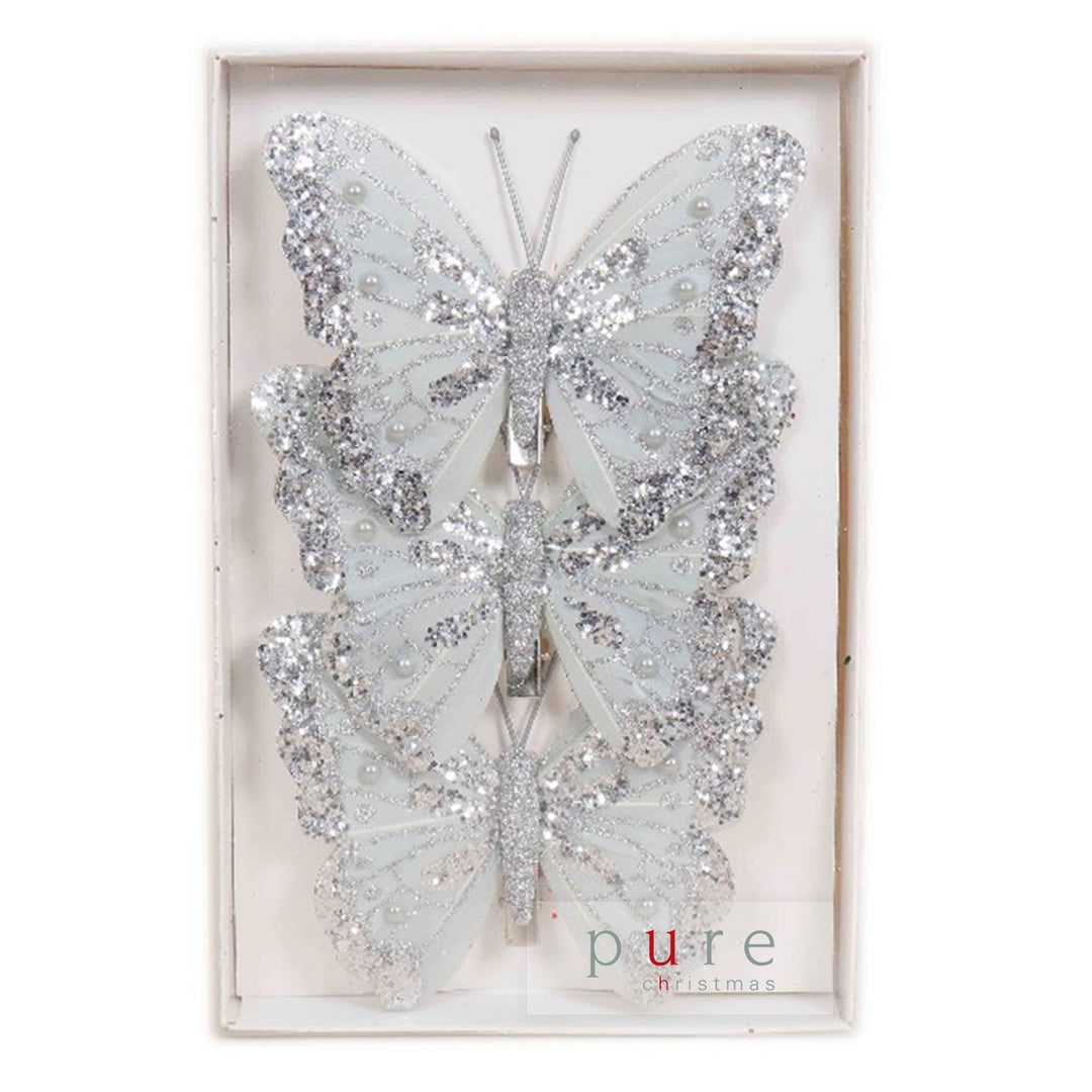 Feather Butterfly Pack 3 Silver 12x8x1cm