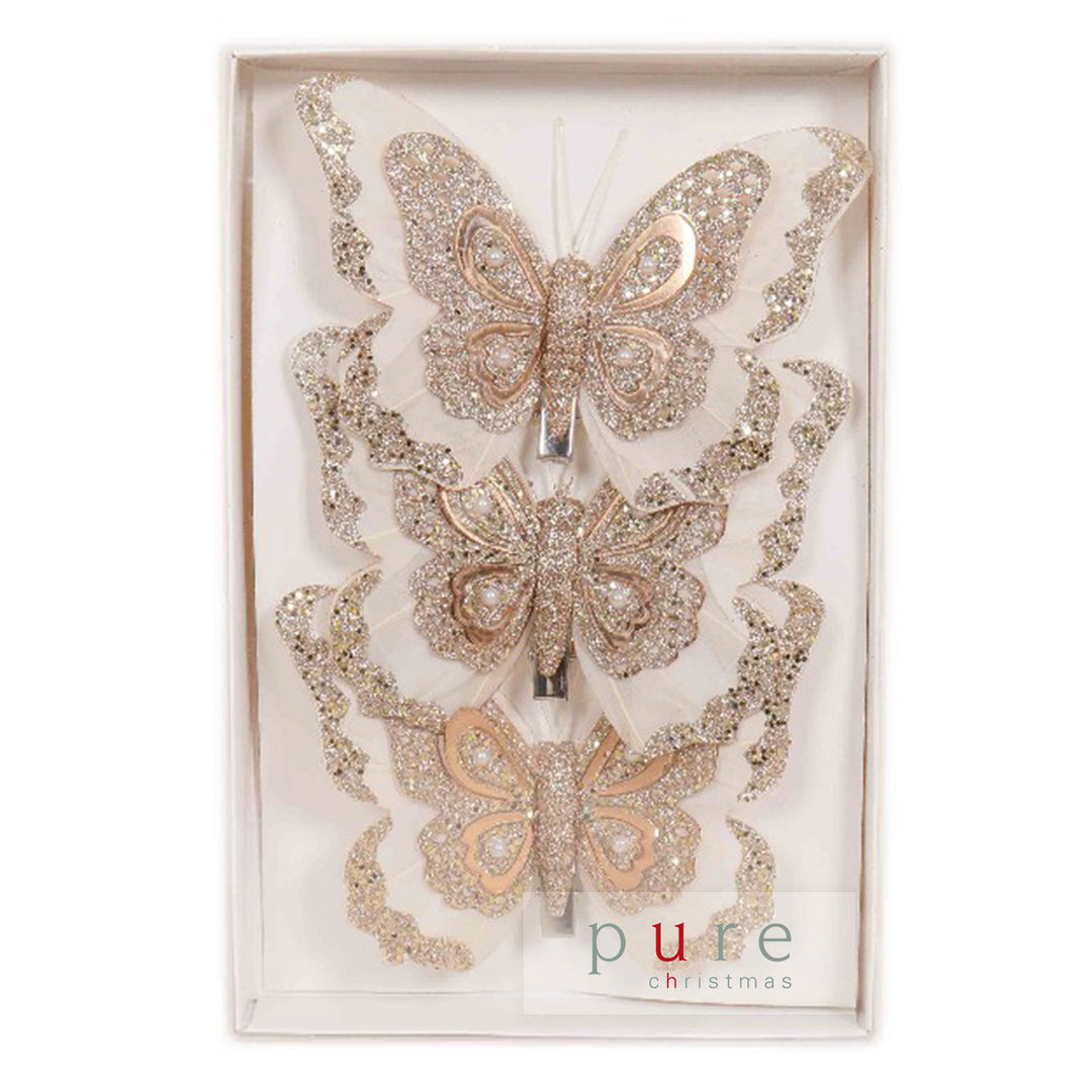 Feather Butterfly Pack 3 Cream Champagne 12x8x1cm