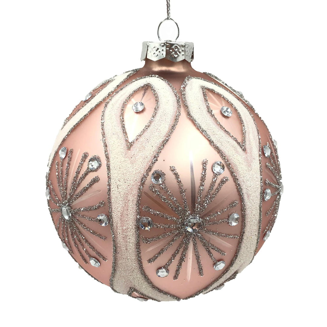 Glass 10cm Bauble Pink Silver Dots