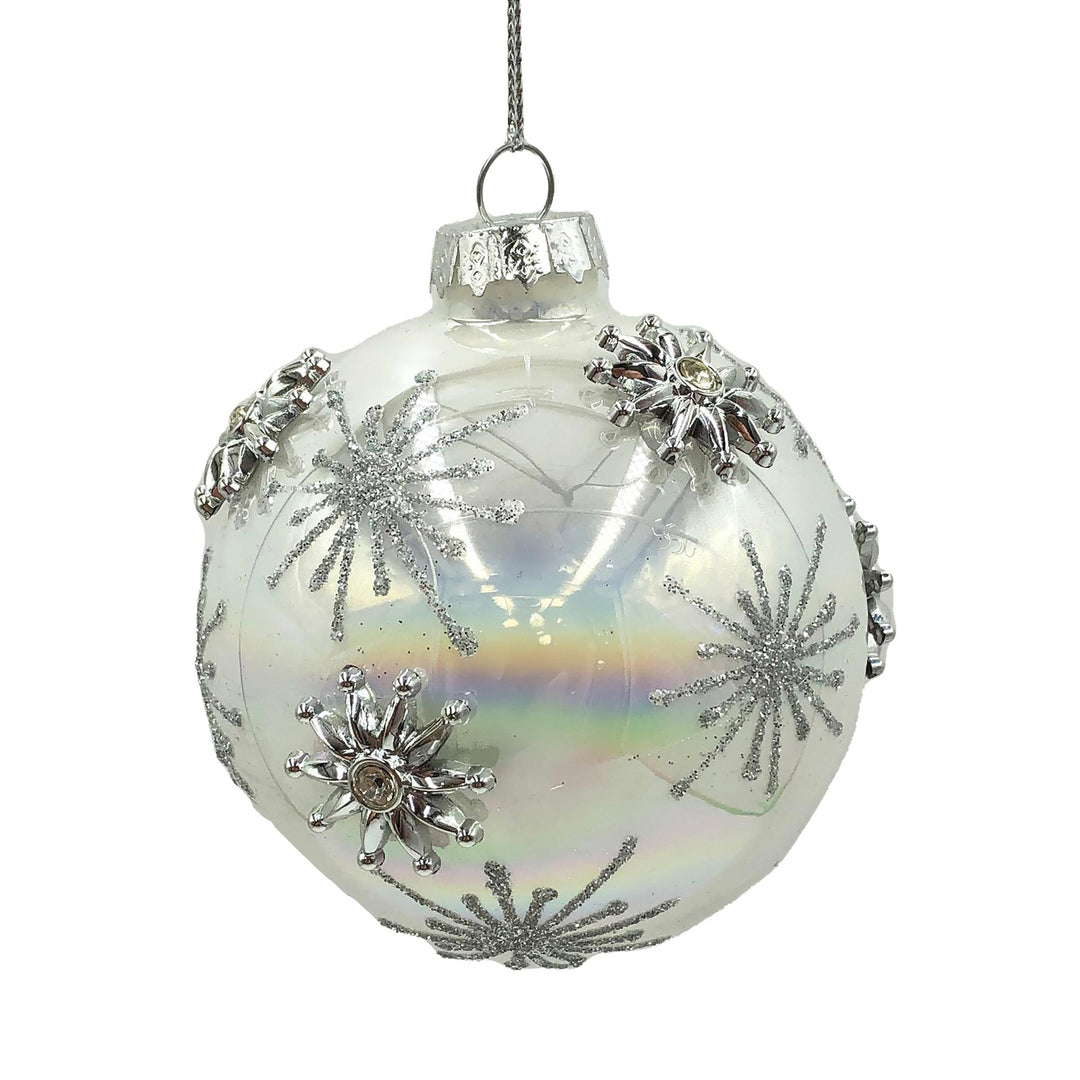 Glass 8cm Bauble White Silver Star