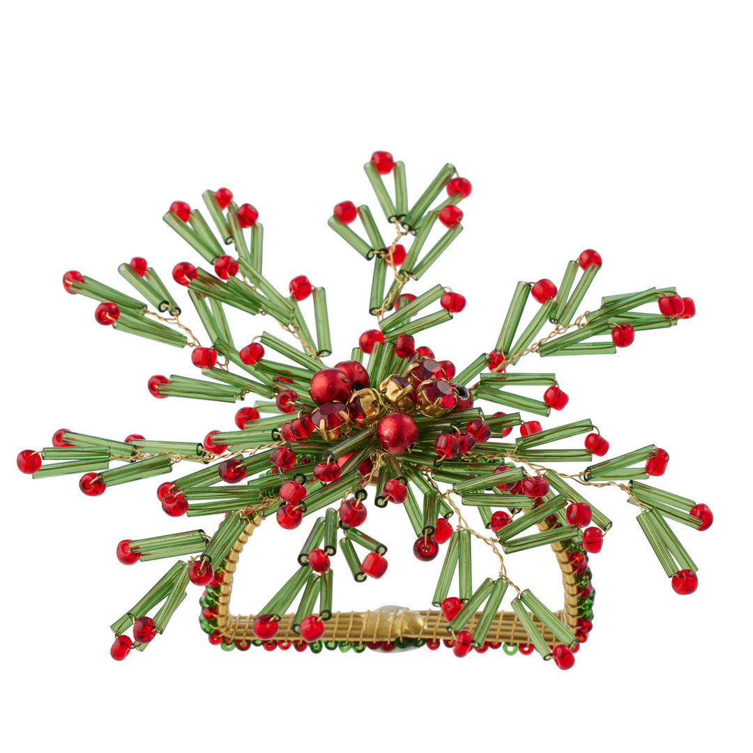 Beaded Holly Napkin Ring 10cm Green