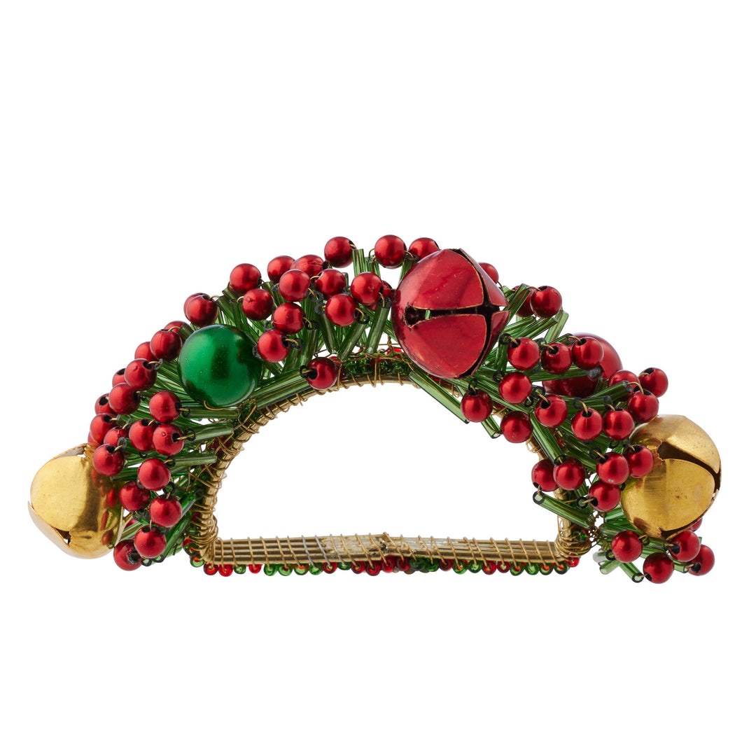 Beaded Napkin Ring Bells & Berries 10cm Red & Green