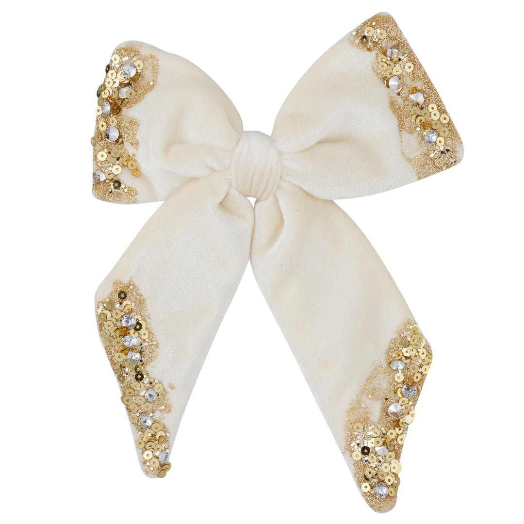 Embelished Bow with Clip 15cm Gold & White