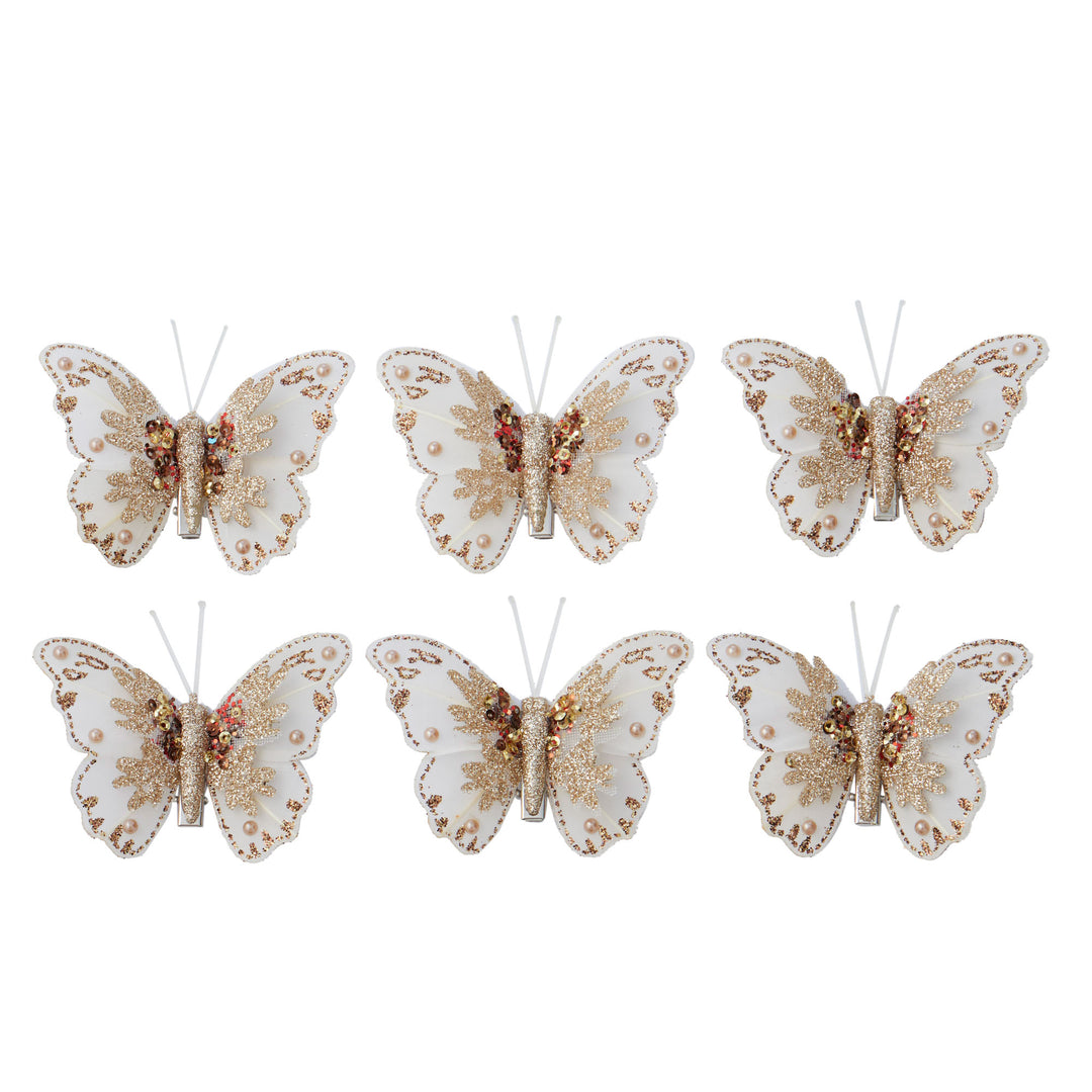 Set of 6 Butterfly Clip With Pearl 6x8cm Gold & White
