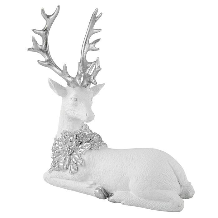 Resin White Silver Sitting Deer 27x13cm