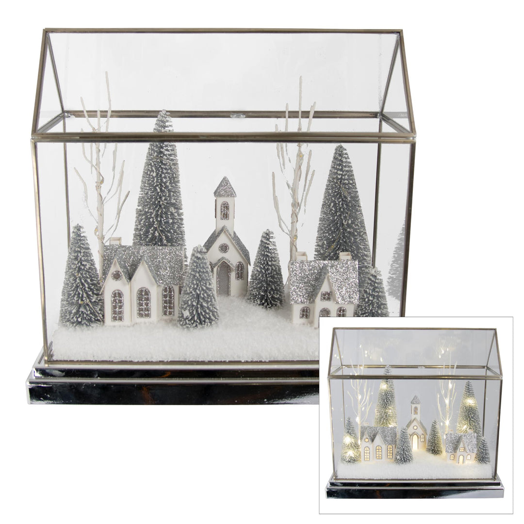 Acrylic House Scene W/Led Lights Silver 33x16x33cm