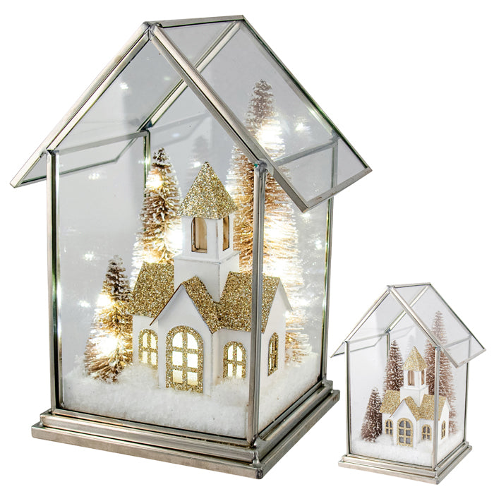 Acrylic Champagne Chruch Scene W/Led Lights Sml 14x11.4x19