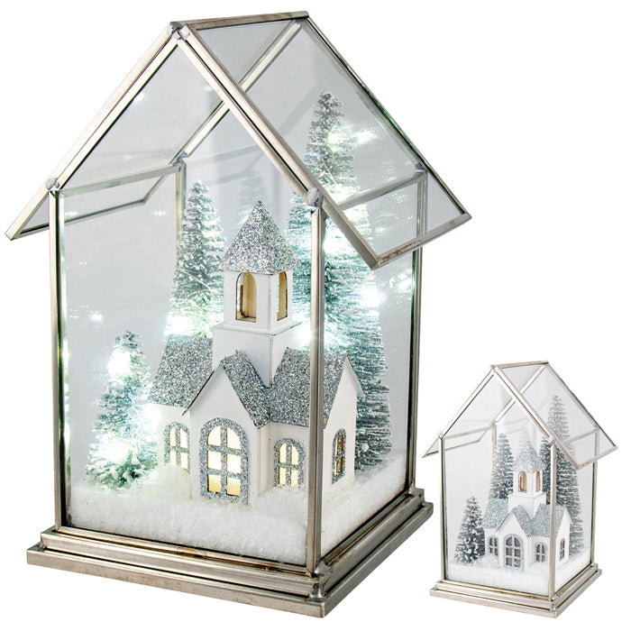 Acrylic White Chruch Scene With Led Lights Small 14x11.4x19cm