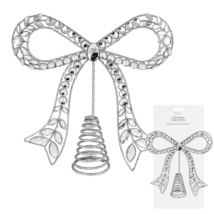 Metal Silver Glitter Bow Topper 26x6.5x26