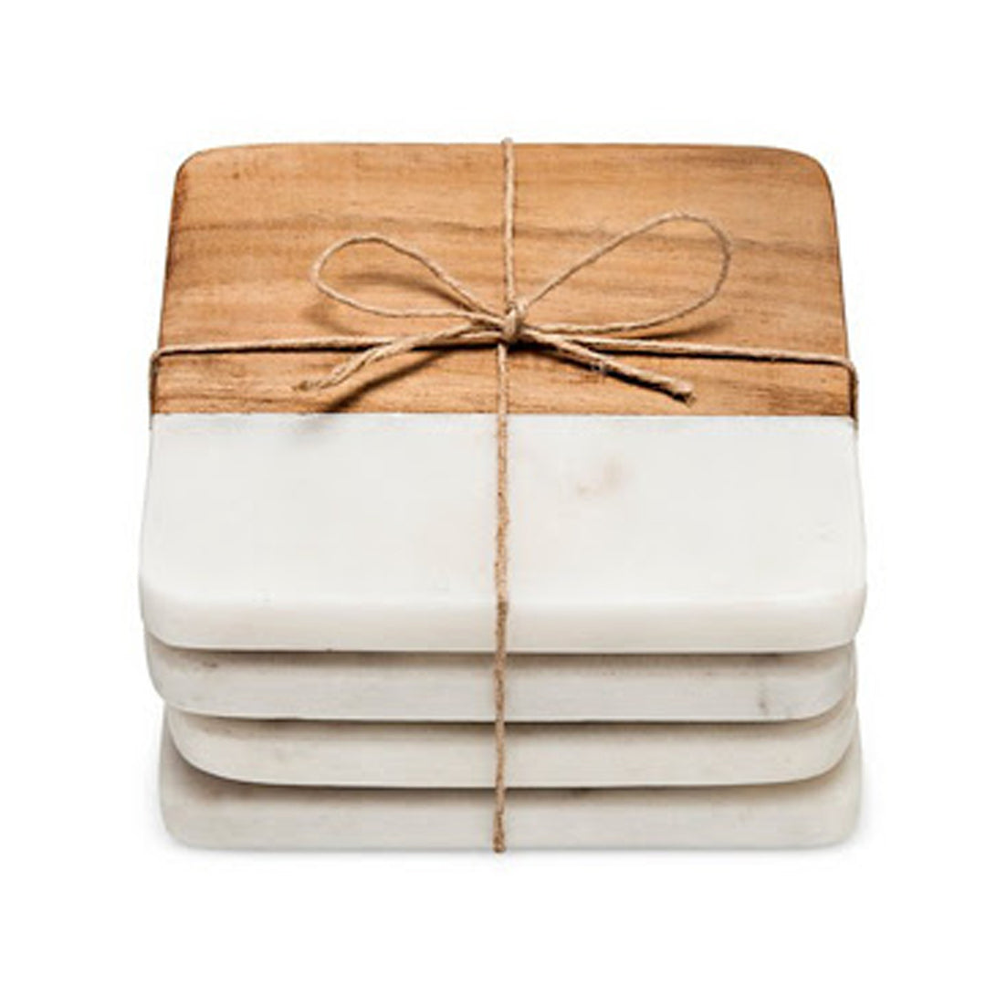 Set Of 4 Marble & Wood Coasters White/Natural