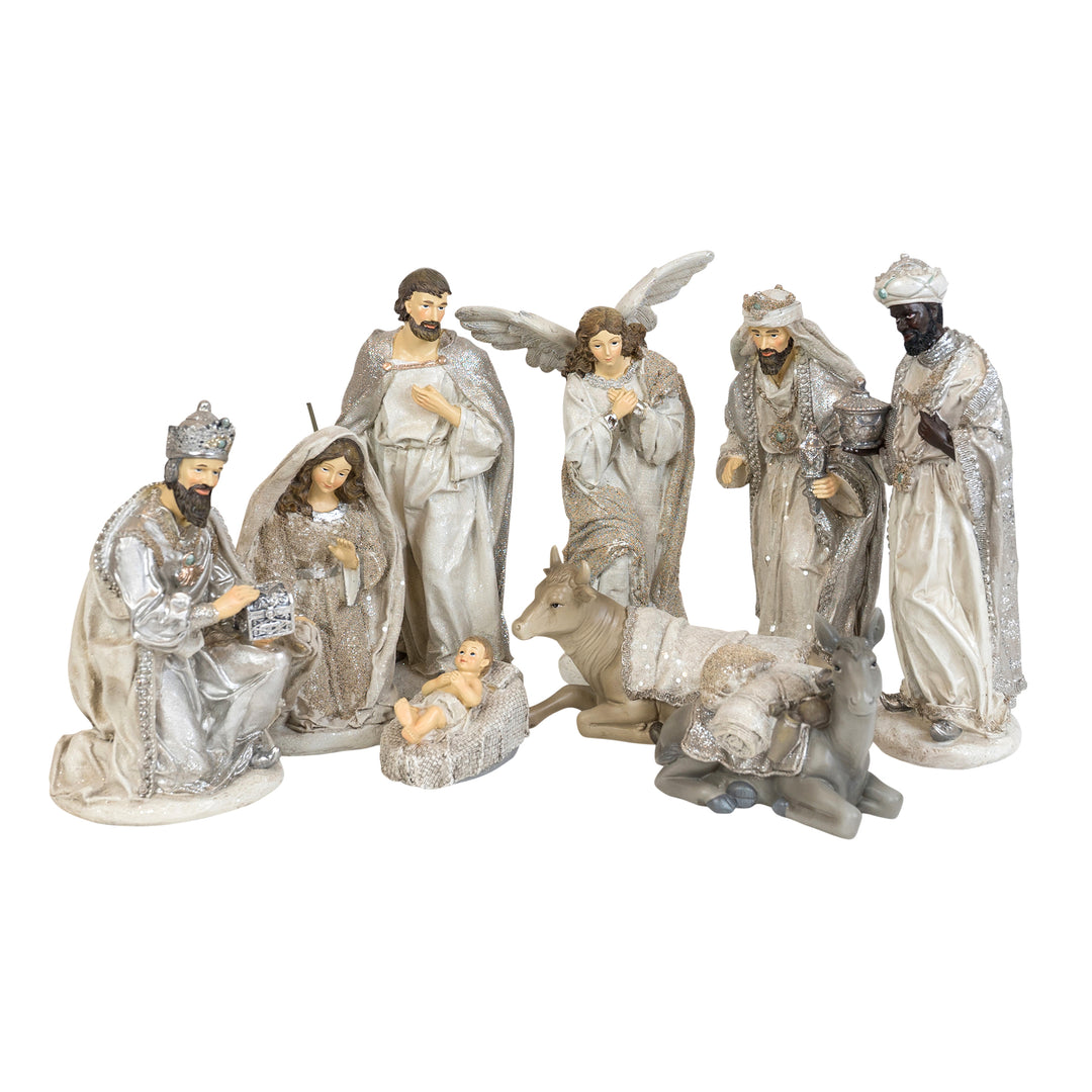 Silver & White Resin 9 Pieces Nativity Set