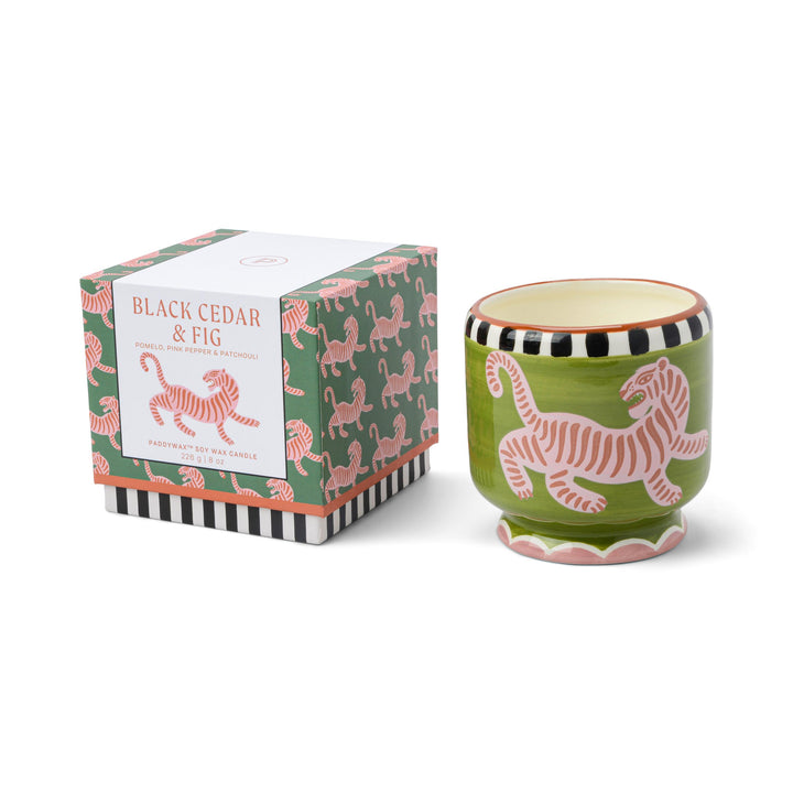 Adopo 8 Oz Tiger Ceramic Candle - Black Cedar & Fig