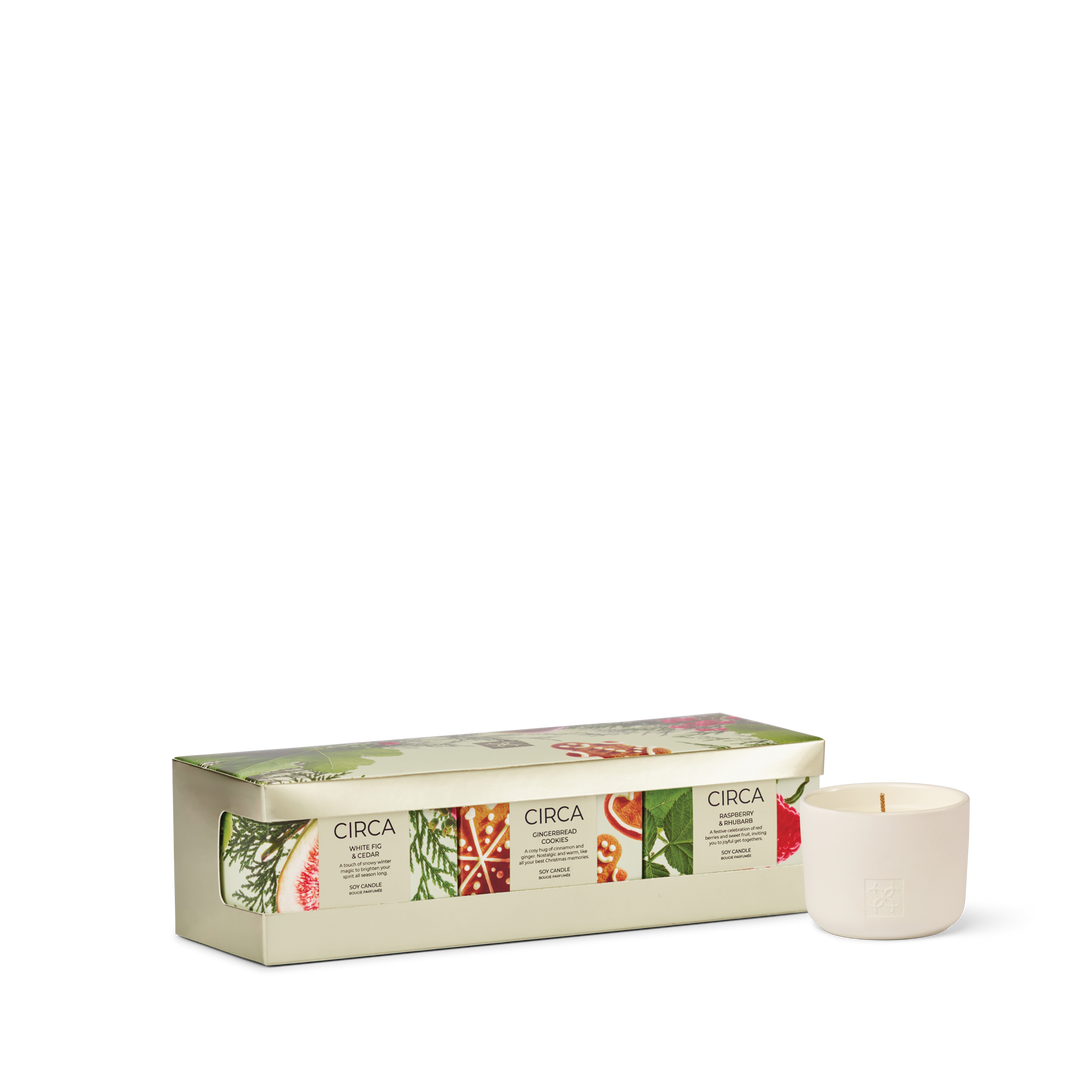Circa 3x70g Candle Trio - Christmas - (Raspberry &amp; Rhubarb, White Fig &amp; Cedar, Gingerbread Cookies)