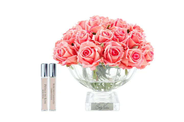 Centrepiece - Peach rose buds with Silver Badge