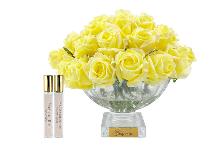 Centrepiece - Yellow rose buds with Gold badge