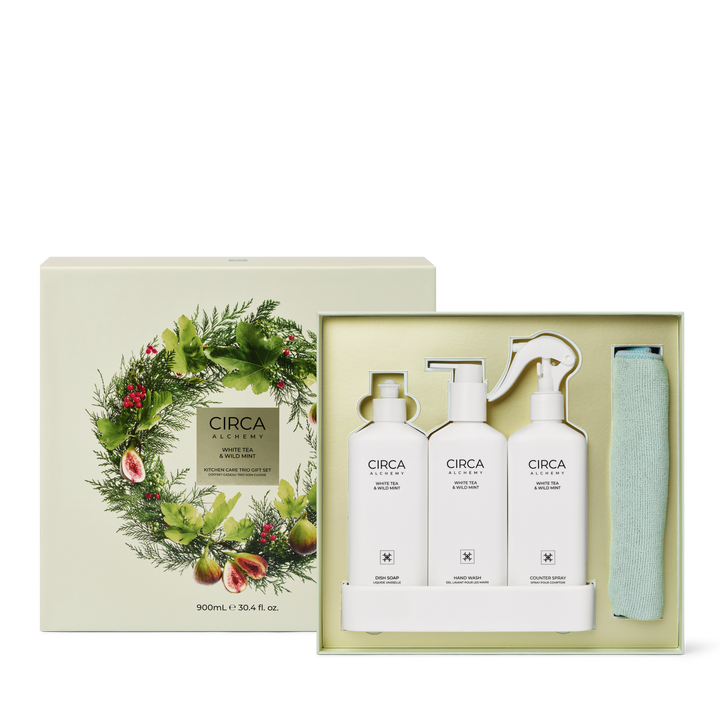 Circa 900ml Kitchen Trio Gift Set (300ml Dish Soap, 300ml Counter Spray, 300ml Hand Wash, Tray, Micro Fibre Cloth) - Alchemy Kitchen - WHITE TEA &amp; WILD MINT