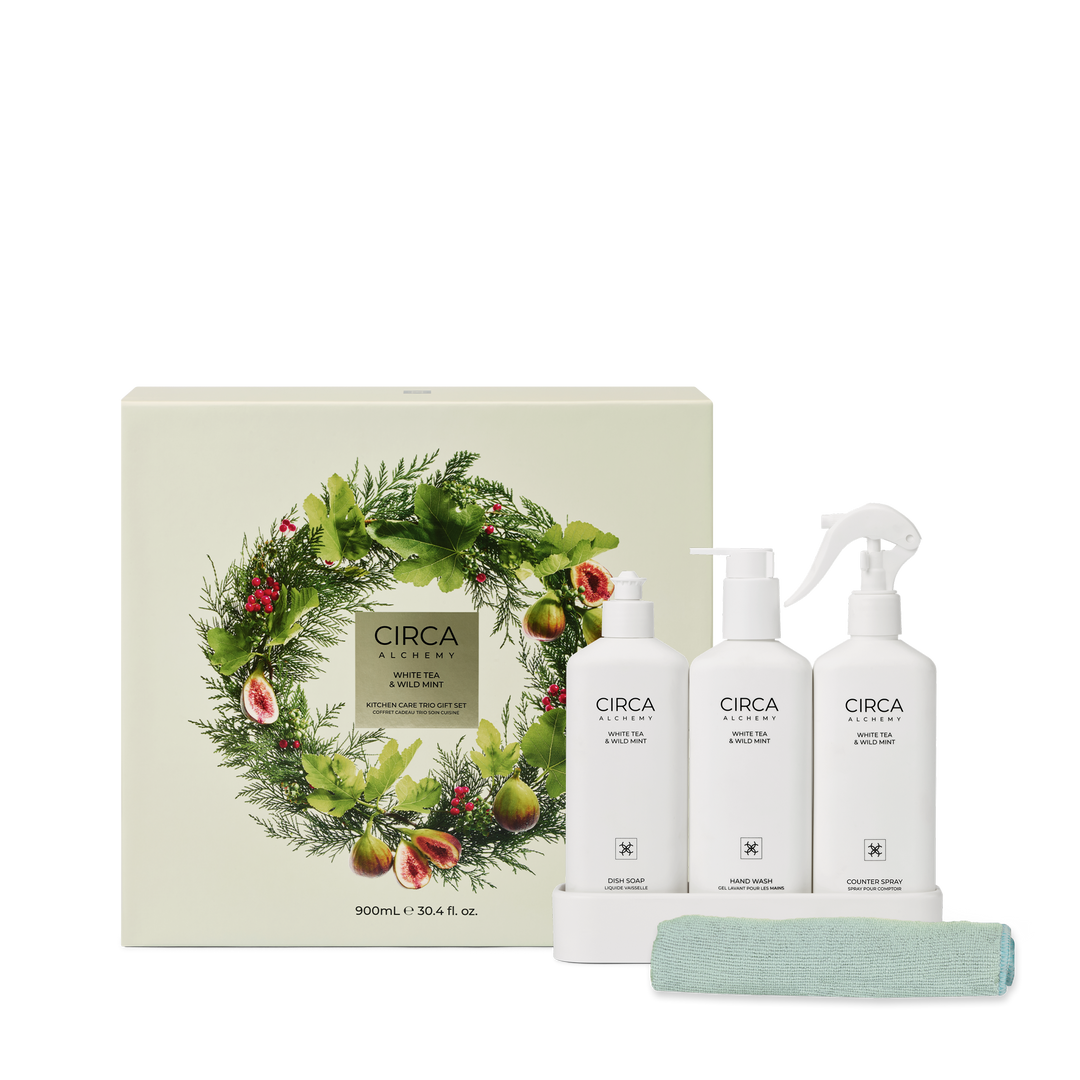 Circa 900ml Kitchen Trio Gift Set (300ml Dish Soap, 300ml Counter Spray, 300ml Hand Wash, Tray, Micro Fibre Cloth) - Alchemy Kitchen - WHITE TEA &amp; WILD MINT