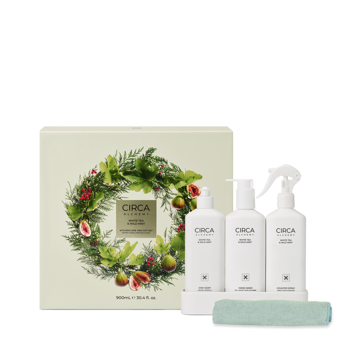 Circa 900ml Kitchen Trio Gift Set (300ml Dish Soap, 300ml Counter Spray, 300ml Hand Wash, Tray, Micro Fibre Cloth) - Alchemy Kitchen - WHITE TEA &amp; WILD MINT