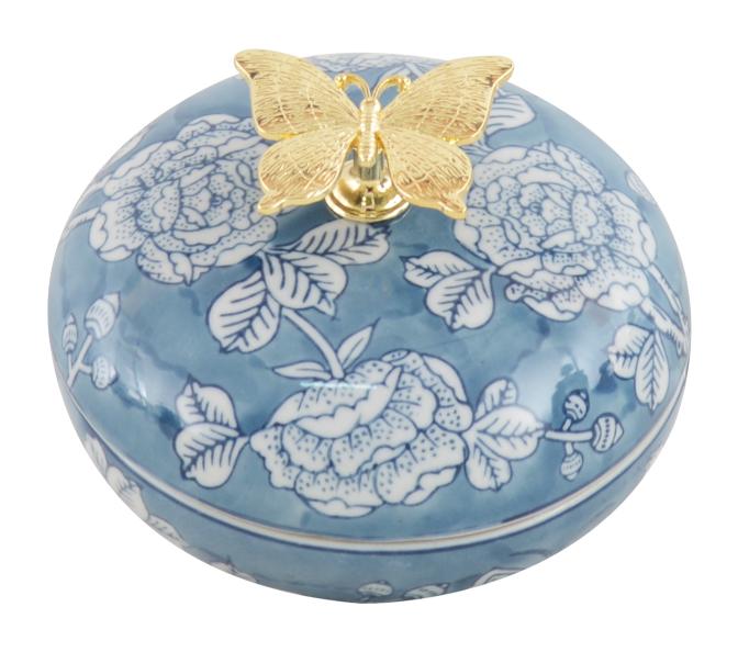 Peony Round Trinket Box with Handle 15cm Blue