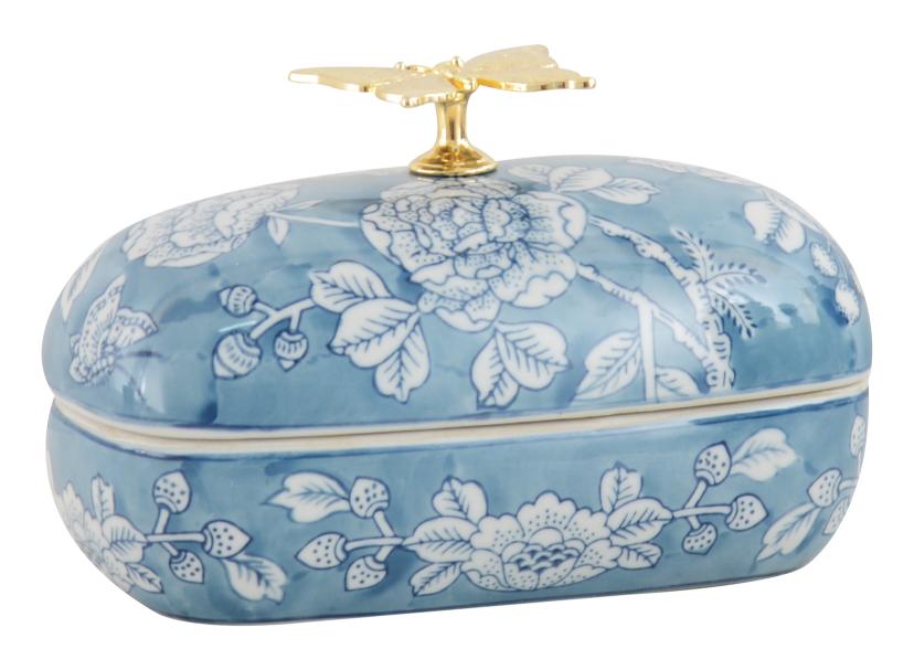 Peony Long Trinket Box with Handle 18cm Blue