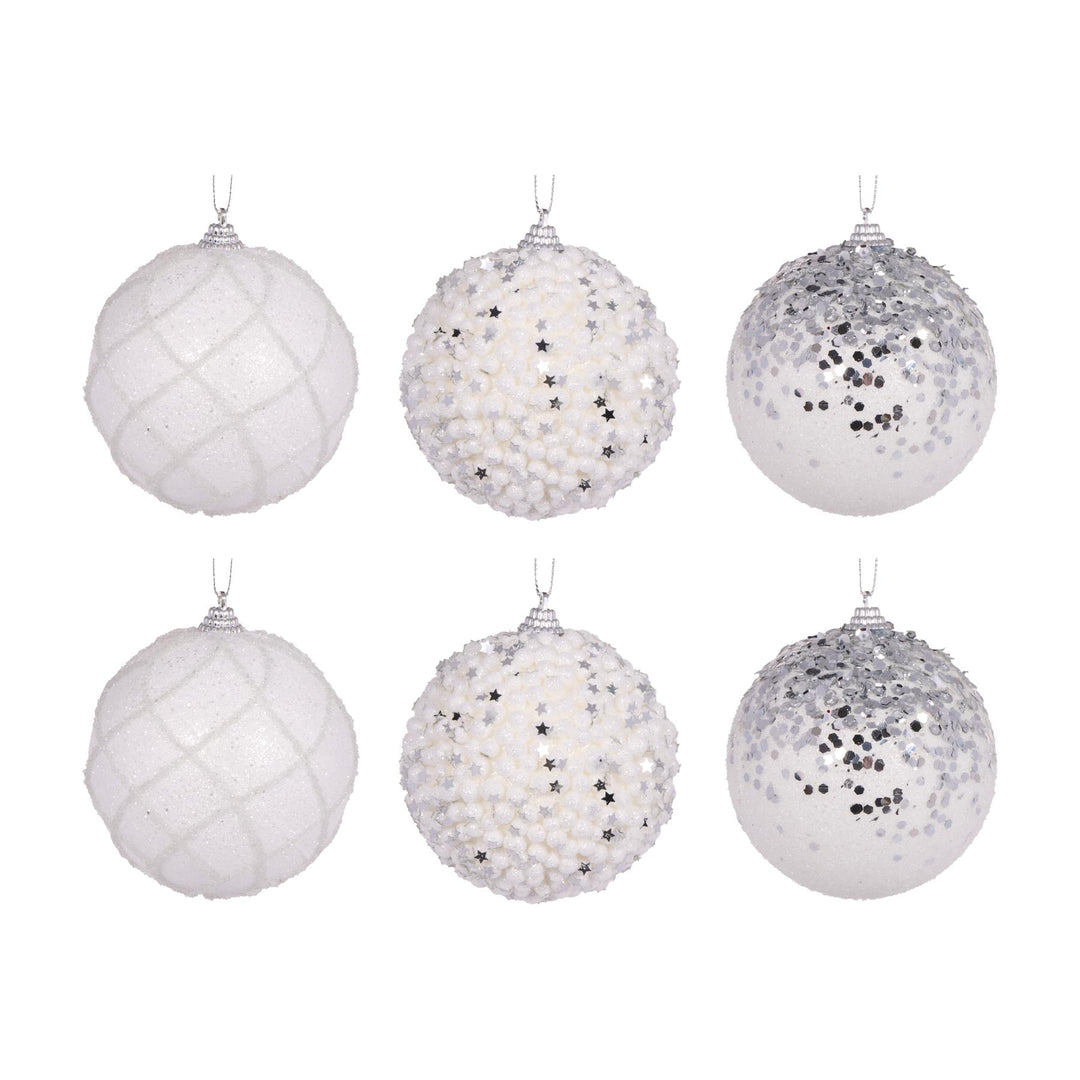 6 Pack White Shatterproof Baubles 10cm Polyfoam