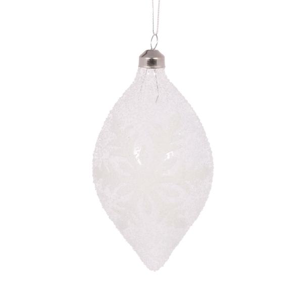Clear Frosted Snowflake Drop Bauble 14x8cm Glass