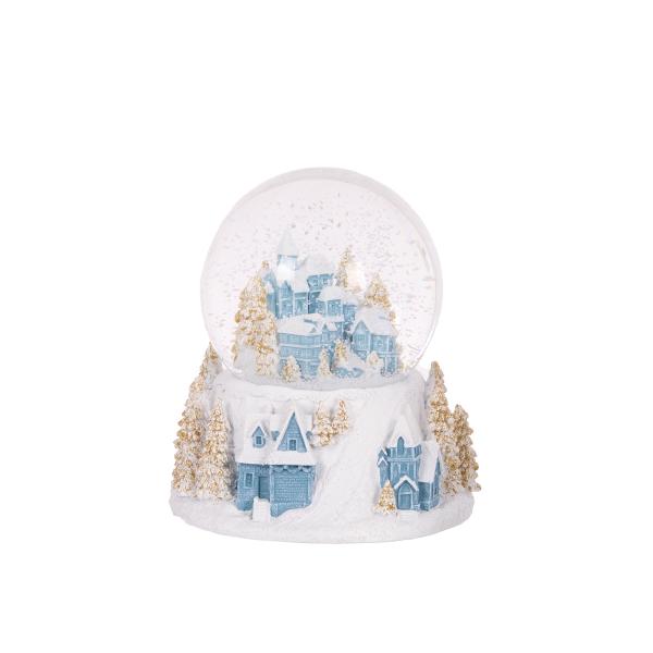 12cm Musical Blue And White Village Snow Globe 15x6.5cm