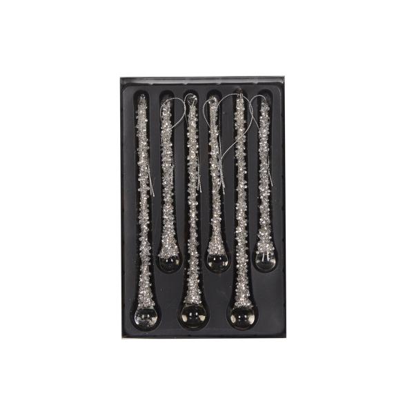 Set of 6 Silver Beaded Icicles 15x20cm Glass
