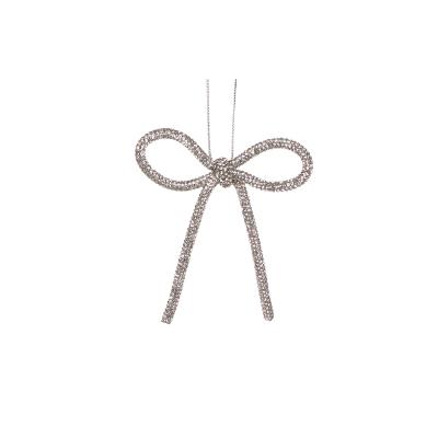 9cm Silver Beaded Bow Ornament 9x2cm PVC