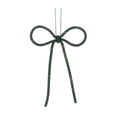 14cm Dark Green Beaded Bow Ornament 16x14x2cm PVC
