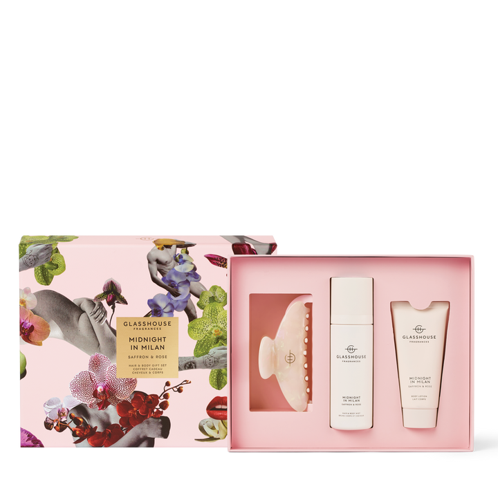 Glasshouse Fragrances 100ml Hair & Body Mist, Claw Hair Clip, 50ml Body Lotion Hair & Body Gift Set Midnight In Milan
