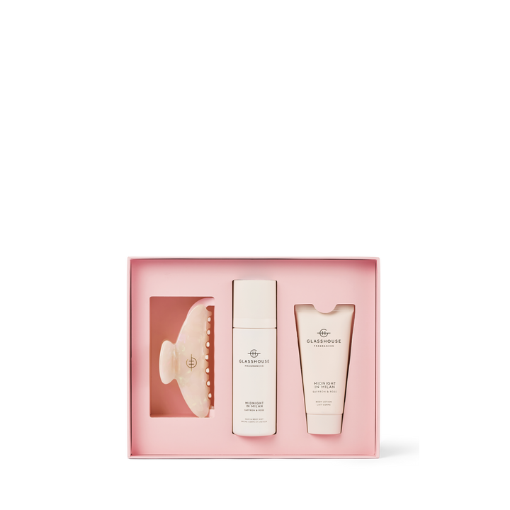 Glasshouse Fragrances 100ml Hair & Body Mist, Claw Hair Clip, 50ml Body Lotion Hair & Body Gift Set Midnight In Milan