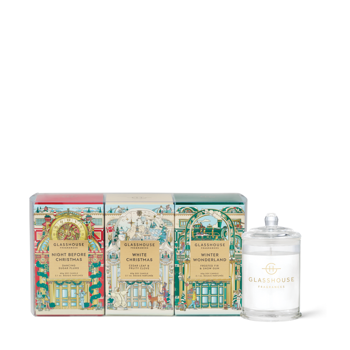 Glasshouse 3x60g Candle Trio - Winter Wonderland, Night Before Christmas, White Christmas