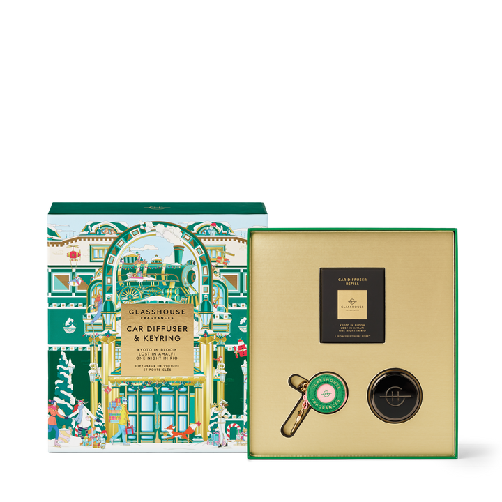 Glasshouse Black Car Diffuser with 3 Replacement Scent Disk and Key Ring - Lost In Amalfi, Kyoto In Bloom, One Night in Rio