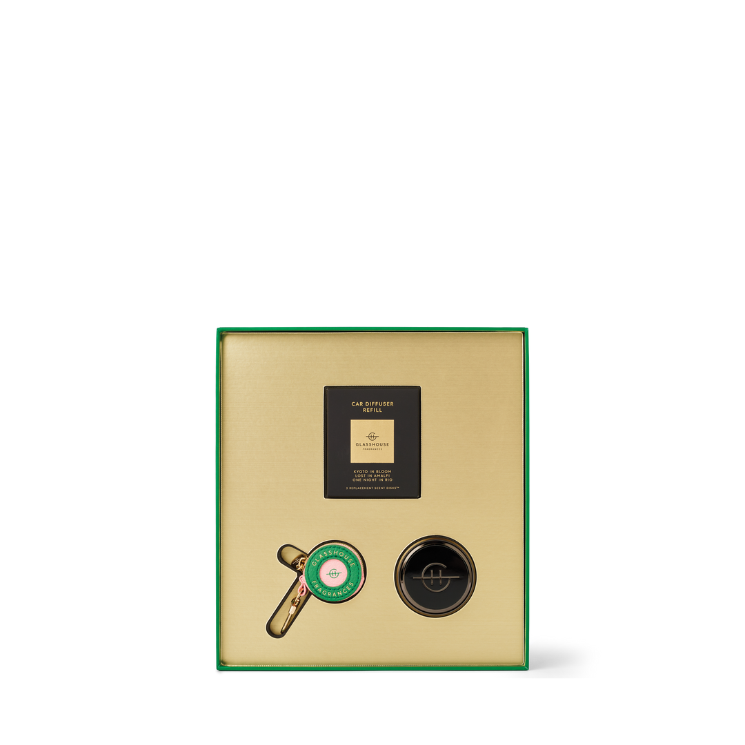 Glasshouse Black Car Diffuser with 3 Replacement Scent Disk and Key Ring - Lost In Amalfi, Kyoto In Bloom, One Night in Rio