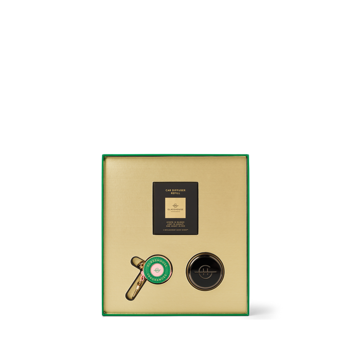 Glasshouse Black Car Diffuser with 3 Replacement Scent Disk and Key Ring - Lost In Amalfi, Kyoto In Bloom, One Night in Rio